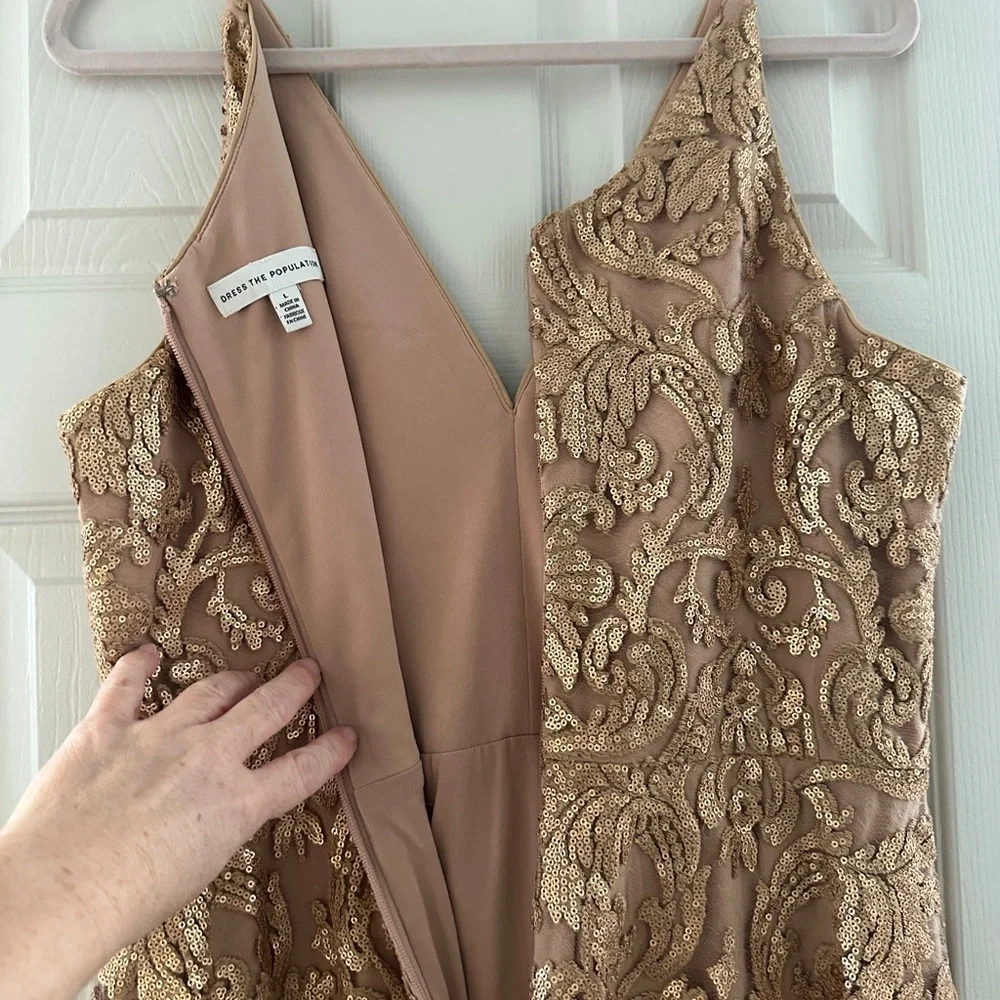 Dress the Population Blair Sequin gold  nude lace midi dress L - Picture 5 of 14